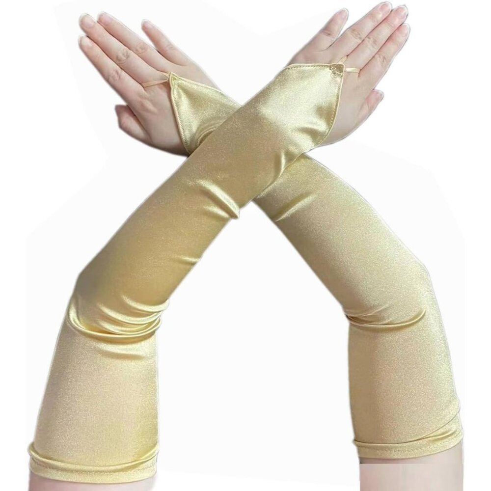 Women's Fingerless Gold Long Satin Fabric Gloves Stretchy Elbow Length Gloves